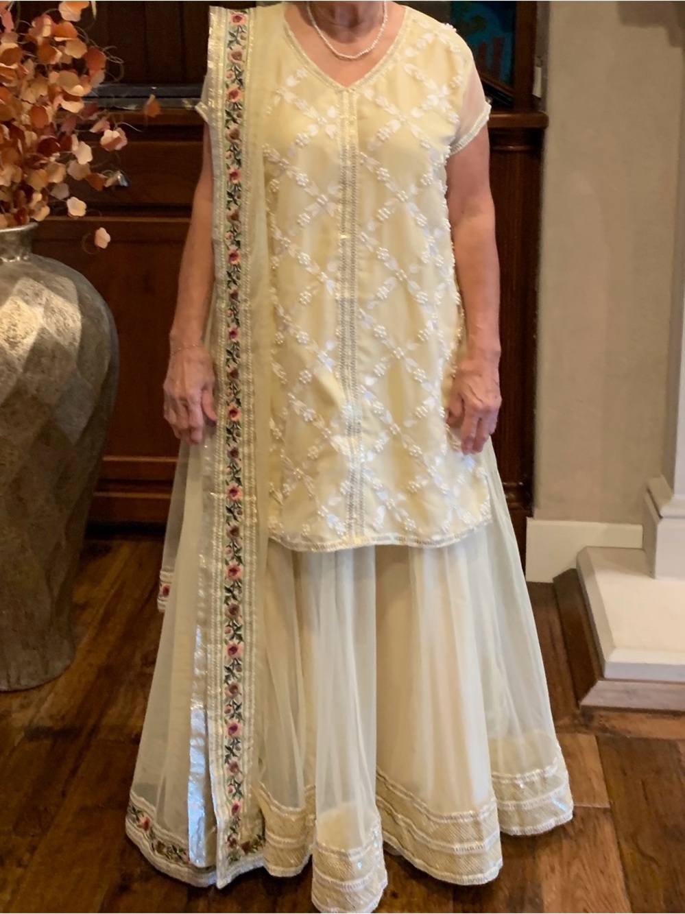 Size 8-10Embroidered Dress embellished with  sequins, Scarf drapes down the back
